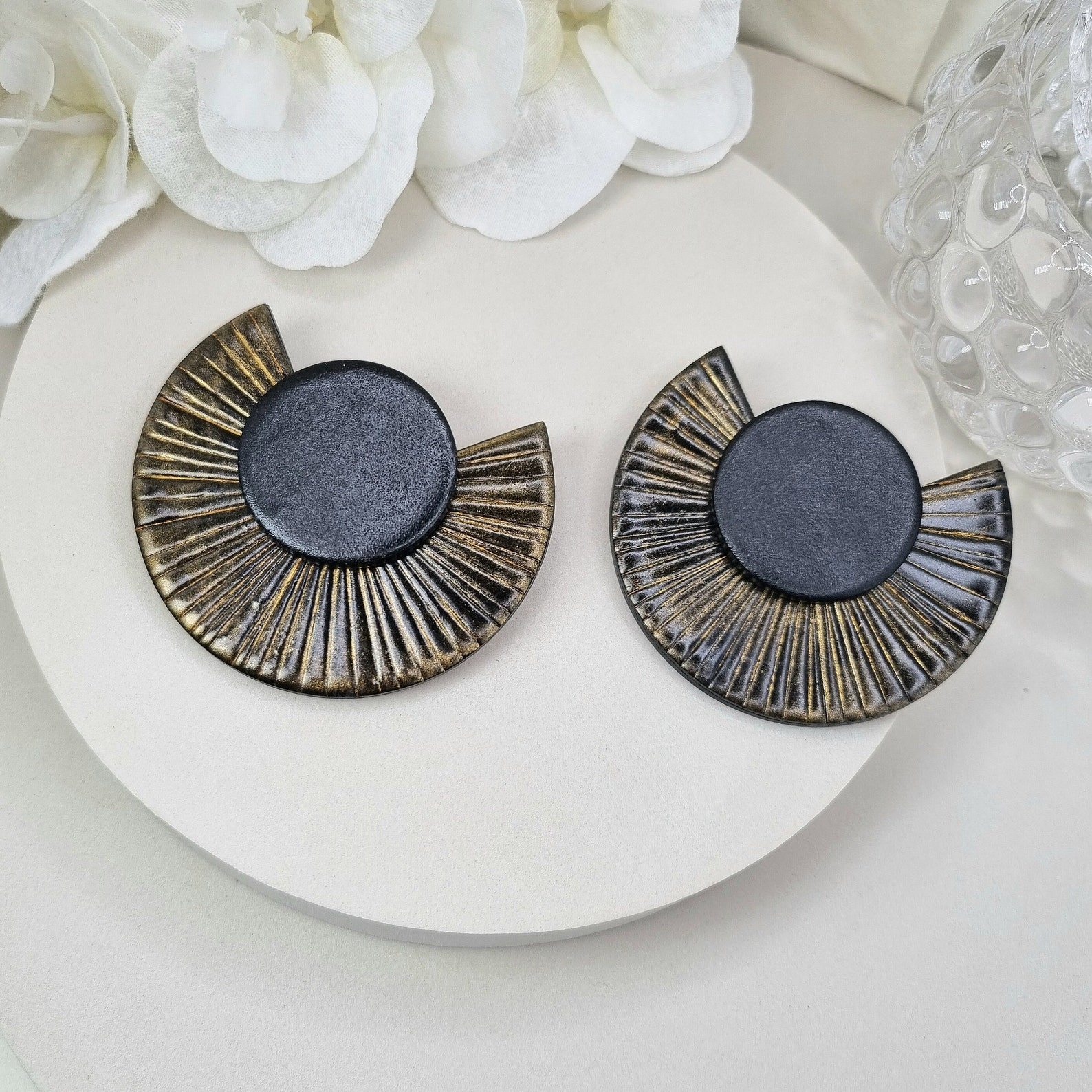 Oversized Stud Earrings Black Gold in Polymer Clay, Statement Clip on