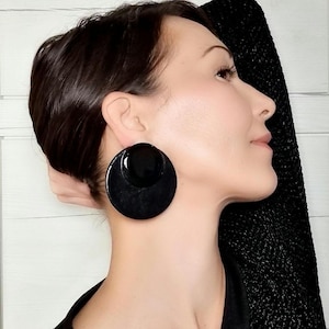 Oversized stud earrings black polymer clay, Black Statement clip on earrings, Handmade jewelry, Wearable art, Gift for women