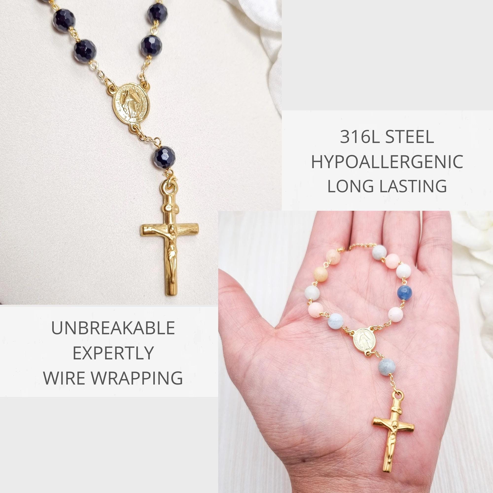 Autorosenkranz, Rückspiegelkreuz, Ein Jahrzehnt Gebetsperlen zum Aufhängen, Rosenkranzarmband aus Natursteinen, katholisches Geschenk, Religiöses Accessoire