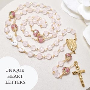 Personalized Rosary beads, Pink Rosary necklace women, Rose Quartz custom Rosary,  Baptism gift baby girl, Holy Communion prayer, Handmade