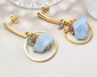 Boucles d'oreilles pendantes en aigue-marine brute, cristaux bruts - pierre de naissance de mars