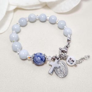 Baptism bracelet boy, Baby Rosary bracelet with initial letter, Aquamarine jade Created with Swarovski® Crystals