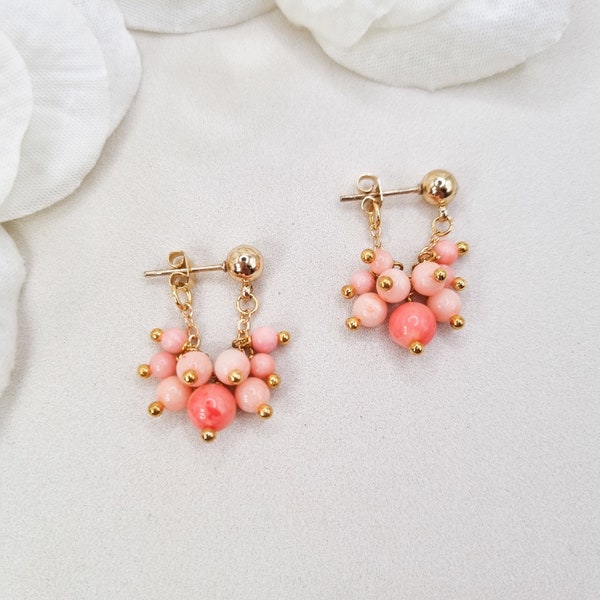 Coral earrings, Pink coral cluster earrings, Handmade coral jewelry, Wedding bohemian earrings, 35th wedding anniversary gift for woman