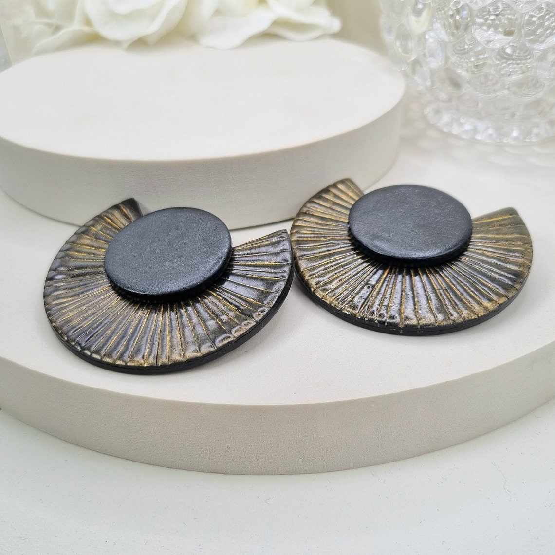Oversized Stud Earrings Black Gold in Polymer Clay, Statement Clip on