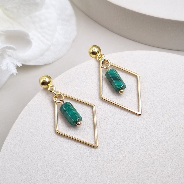 Malachite earrings gold dangle, Green stone earrings handmade, Minimalist earrings gemstone, Malachite jewelry, Rhombus earrings, Mom gift