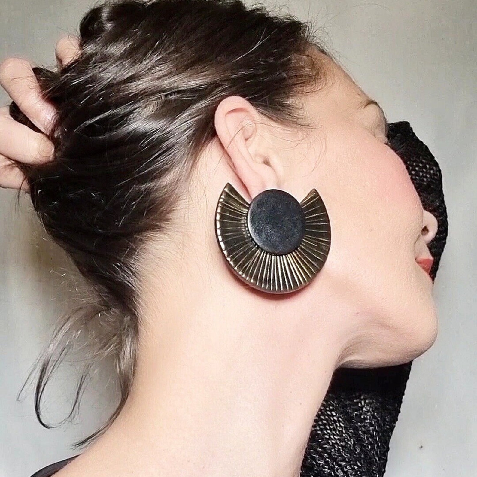 Oversized Stud Earrings Black Gold in Polymer Clay, Statement Clip on