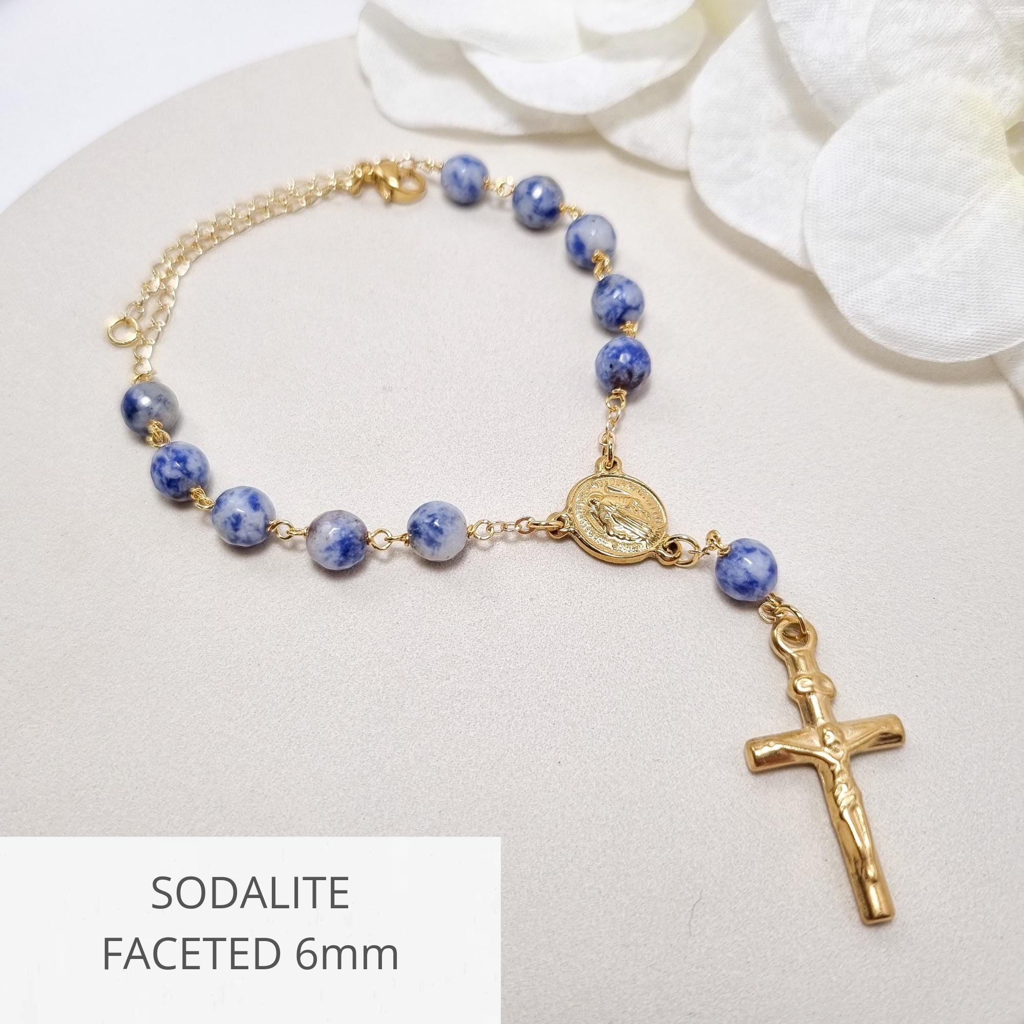 Autorosenkranz, Rückspiegelkreuz, Ein Jahrzehnt Gebetsperlen zum Aufhängen, Rosenkranzarmband aus Natursteinen, katholisches Geschenk, Religiöses Accessoire