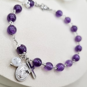 Pulsera rosario Amatista con letra inicial personalizada, Pulsera cruz para mujer, Cuentas de oración de una década, Rosario de bolsillo, Regalo de comunión
