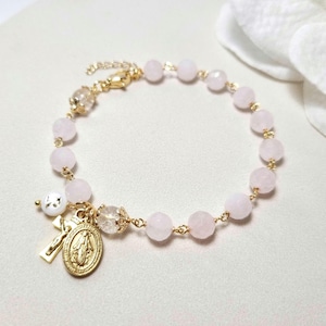 Bracciale rosario per donne e ragazze personalizzato in quarzo rosa naturale, regalo delicato per la prima comunione, rosari da una decina, cattolico