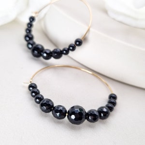 Black onyx hoop earrings, Large gemstone hoops, Boho lightweight earrings in vintage style, Wedding accessory, Handmade jewelry, Gift women