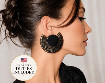 Pendientes de botón extragrandes en oro negro de arcilla polimérica, pendientes de clip llamativos, ligeros.