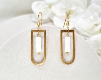 White Jade Dangle Earrings, Gold, Natural Genuine Gem, Boho White Gemstone Drop