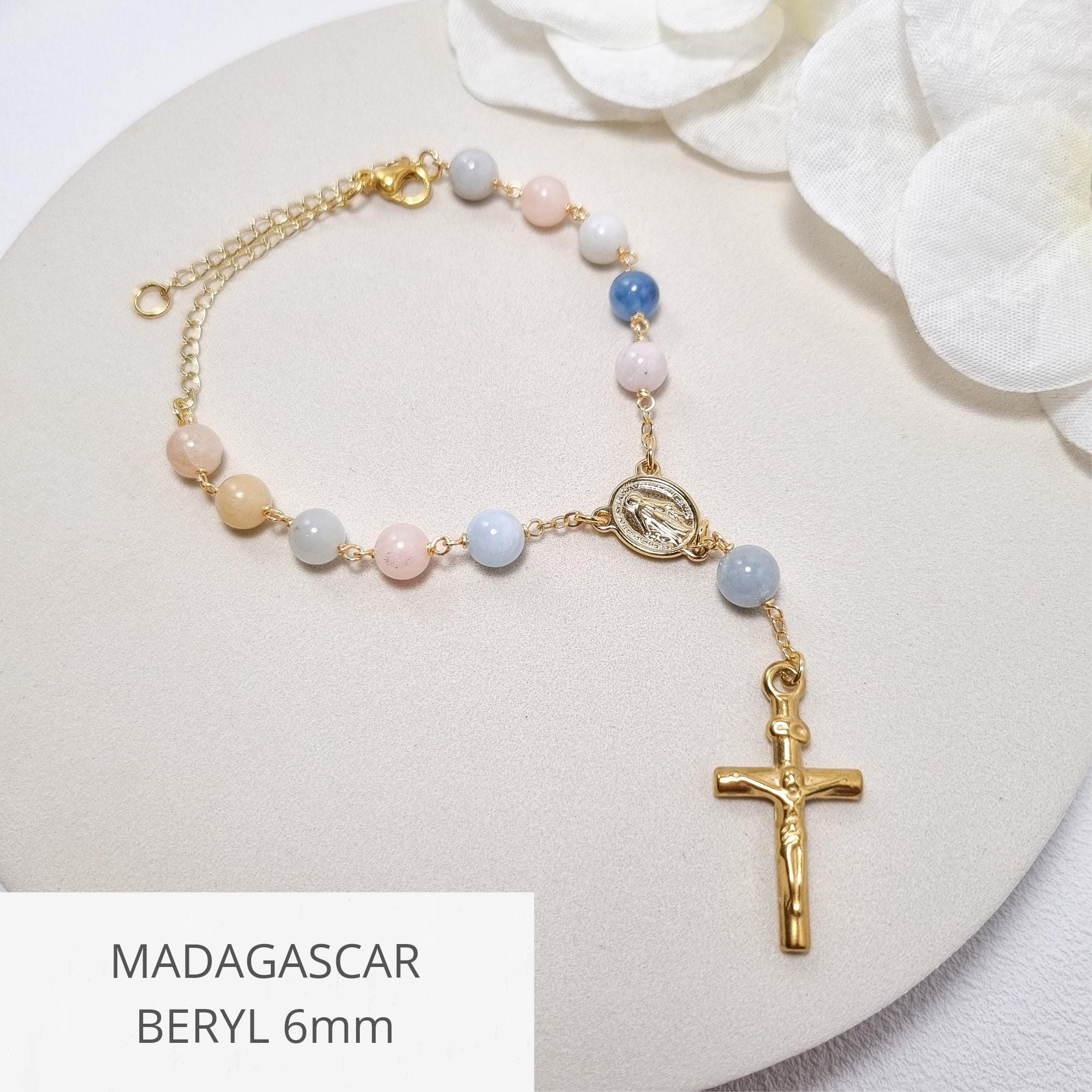 Autorosenkranz, Rückspiegelkreuz, Ein Jahrzehnt Gebetsperlen zum Aufhängen, Rosenkranzarmband aus Natursteinen, katholisches Geschenk, Religiöses Accessoire