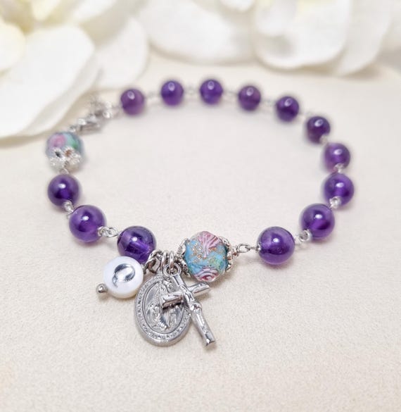 Rosary bracelet Amethyst with personalized Initial letter - miraculous medal & crucifix charm, First Communion gift