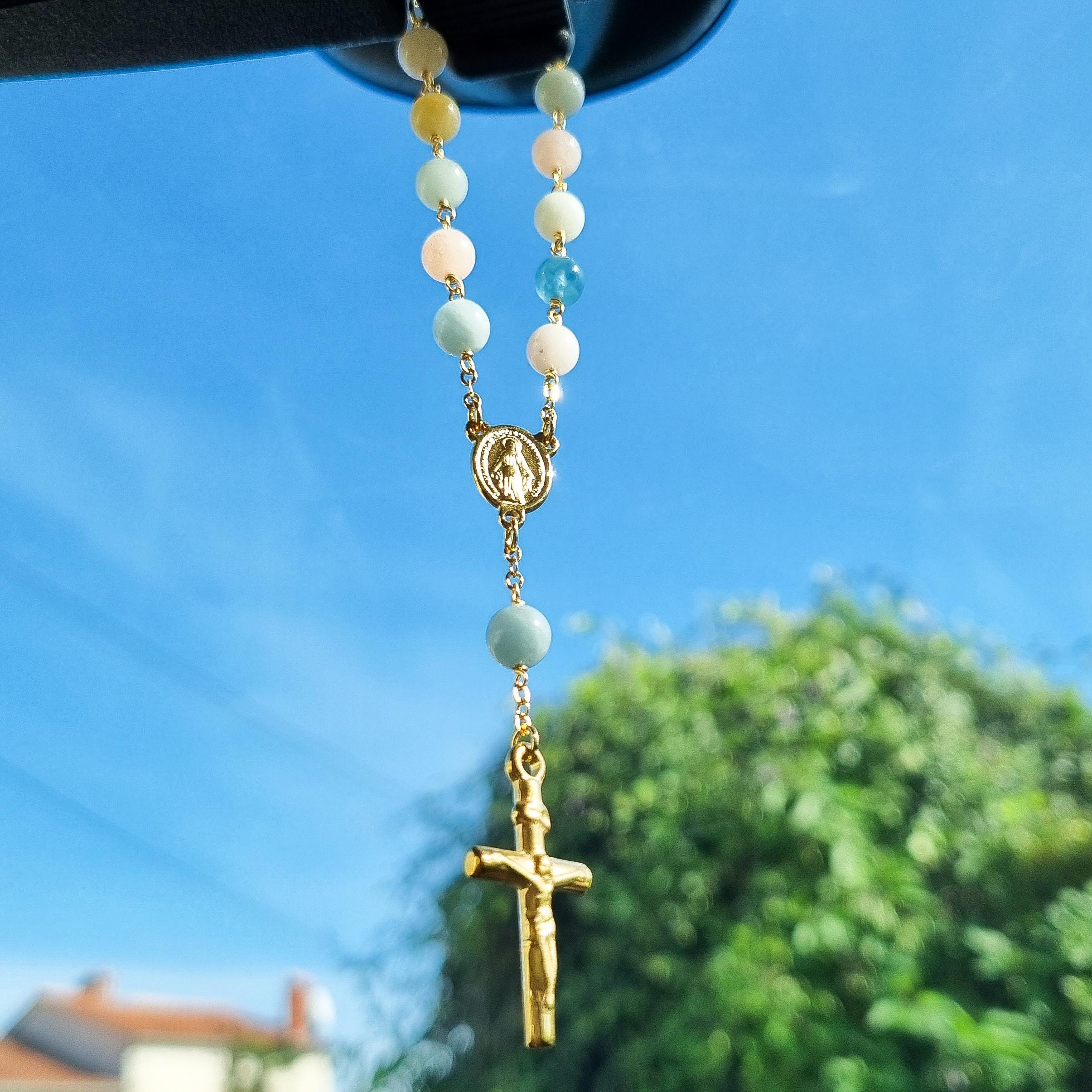 Autorosenkranz, Rückspiegelkreuz, Ein Jahrzehnt Gebetsperlen zum Aufhängen, Rosenkranzarmband aus Natursteinen, katholisches Geschenk, Religiöses Accessoire