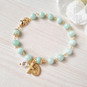 Bracciale rosario per donna, rosario personalizzato, rosario da una decina in amazzonite, regalo per la prima comunione, madrina, gioielli cattolici