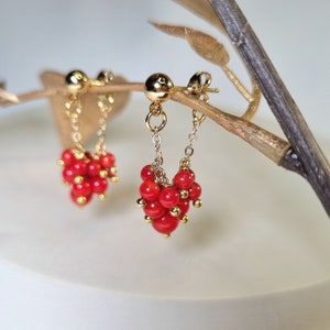 Natural Red Coral cluster earrings in 18k gold plated brass, Handmade gemstone jewelry, Anniversary gift for women, Boho wedding day wear