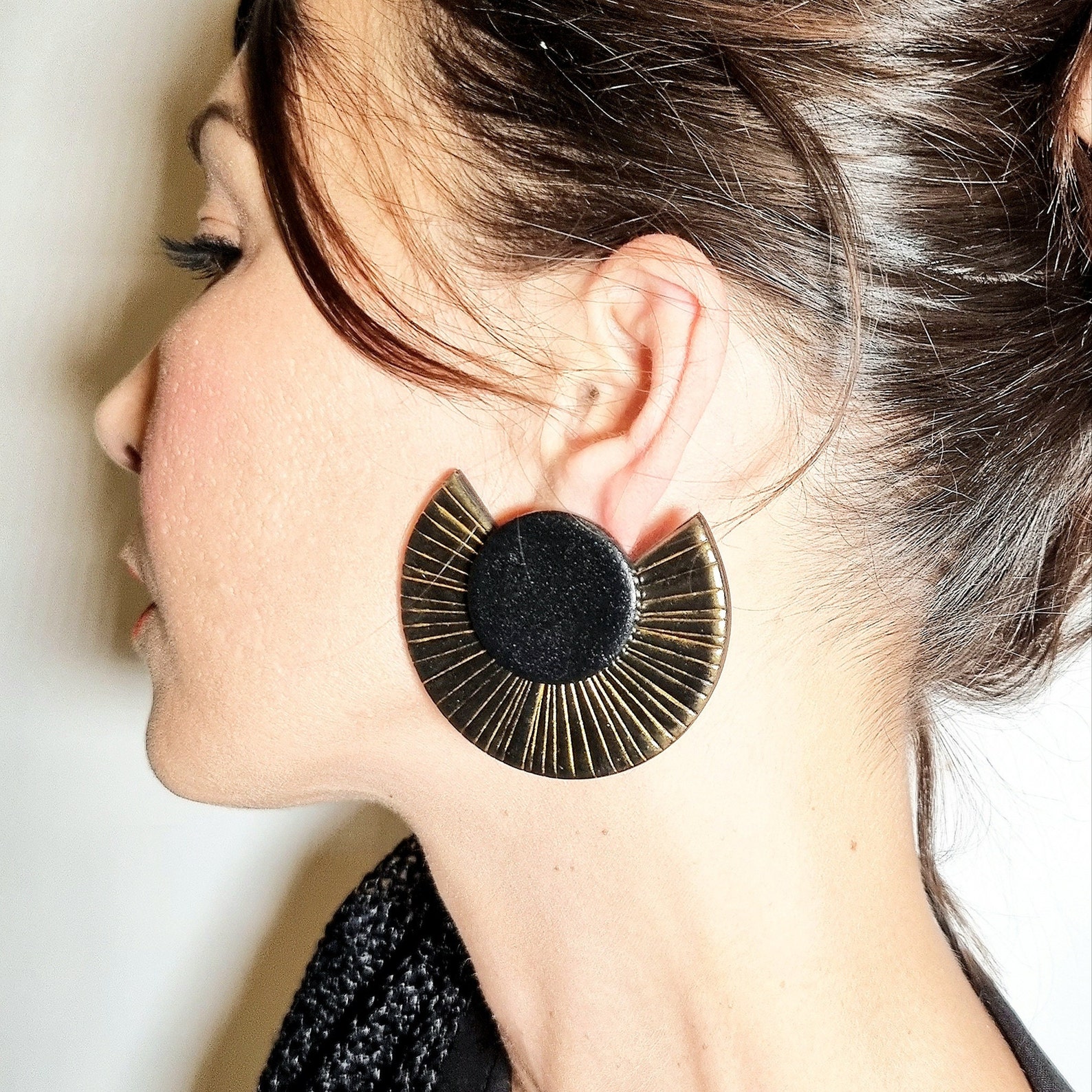 Oversized Stud Earrings Black Gold in Polymer Clay, Statement Clip on