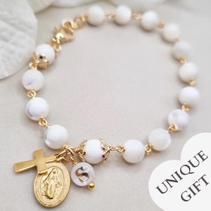Bracciale rosario per donna o ragazza personalizzato in madreperla naturale, regalo per la prima comunione e il giorno delle nozze, rosario da una decina di grani di preghiera