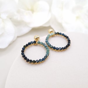 Tourmaline earrings dangle, Dainty crystal earrings, Tourmaline jewelry, Blue bridal earrings, Blue stone earrings, Beaded hoop earrings