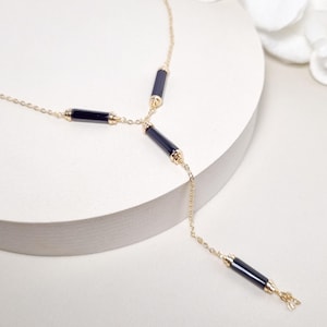 Black onyx lariat necklace, Bar Y necklace drop, Minimalist jewelry, Birthday gift for women, Strength, Dainty