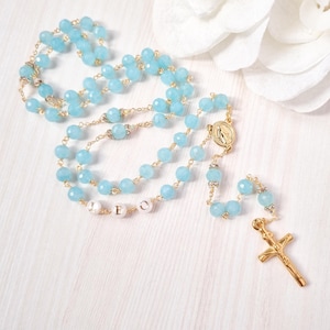 Rosario de bautismo, rosario personalizado de amazonita, regalo católico para bebé niño y niña, oración de cinco décadas con crucifijo, medalla milagrosa