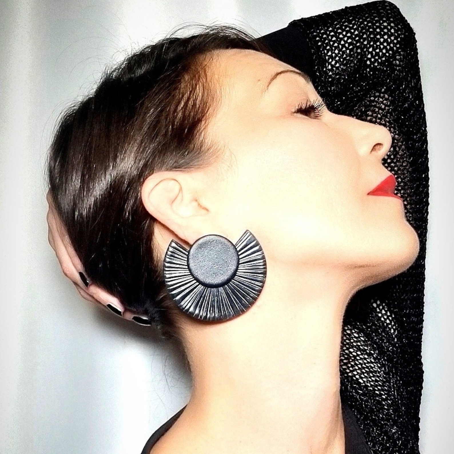 Oversized Stud Earrings Black Gold in Polymer Clay, Statement Clip on