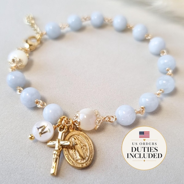 Pulsera de rosario en jade aguamarina, regalo de Primera Comunión, rosario de una década - letra inicial