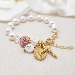 Baptism Bracelet baby girl, Pearl rosary personalized, Christian gift, Miraculous medal & crucifix charm