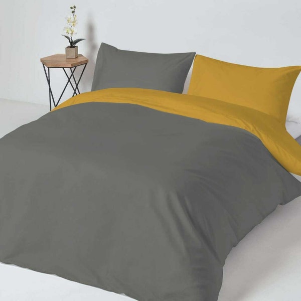 Pollycotton Duvet Quilt Cover Set Grey-Mustard Reversible Bedding Set Sing-Double-King-S King