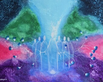 Peace Keepers, original acrylic painting on paper, spiritual guardian, dreamlike fantasy artwork