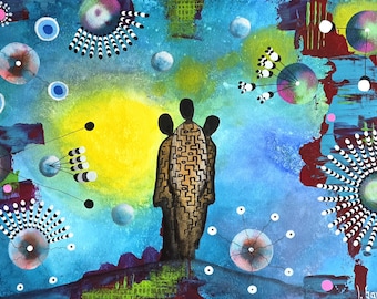The Time Travelers, original acrylic painting on paper, dreamlike fantasy artwork, Iva Sampaio Art
