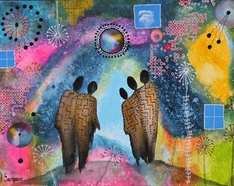 The Time Travelers, original acrylic painting on paper, dreamlike fantasy artwork, Iva Sampaio Art