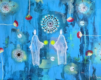 Peace Keepers, original acrylic painting on paper, spiritual guardian, dreamlike fantasy artwork