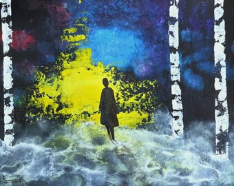 Spiritual Abstract Painting – Figure in Misty Forest, Acrylic on Paper (30x40cm)