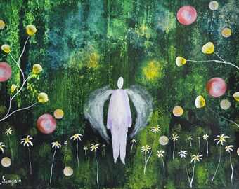 Dream Keeper Angel Painting, Ethereal Spiritual Wall Art, Acrylic on Paper (11.8 x 15.7)