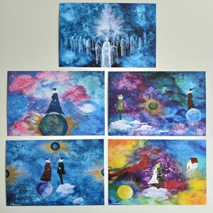 Dreamy postcard set of 5 , Mystical whimsical art prints , Love,Light, Guardians,  Iva Sampaio Art