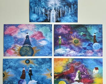Dromerige ansichtkaartenset van 5, mystieke grillige kunstafdrukken, liefde, licht, bewakers, Iva Sampaio Art