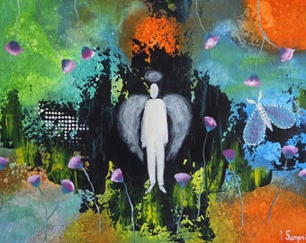 Dream Keeper Angel Painting, Ethereal Spiritual Wall Art, Acrylic on Paper (11.8 x 15.7)
