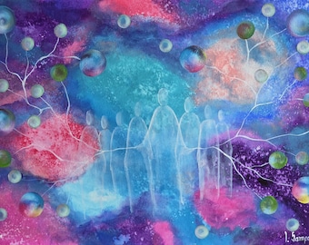Peace Keepers, original acrylic painting on paper, spiritual guardian, dreamlike fantasy artwork