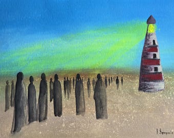 Original Lighthouse Painting, Ethereal Acrylic Wall Art, Soul Journey Decor