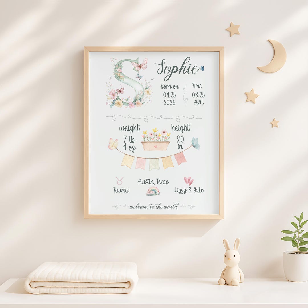 Floral Birth Stats Print, Personalized Baby Keepsake Gift, Newborn ...