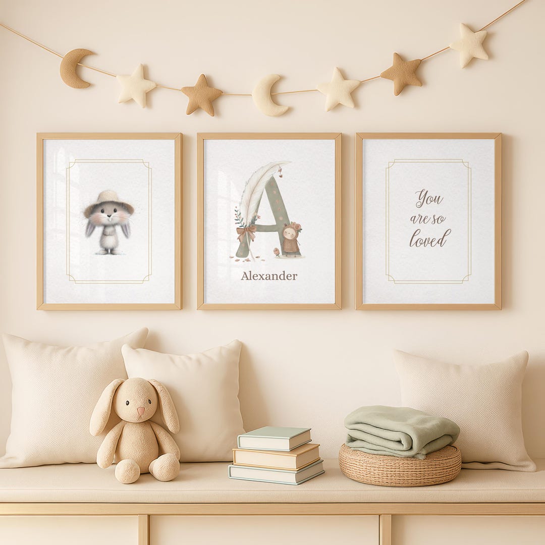 Custom Nursery Wall Art Set of 3, Personalized Baby Initial Print ...