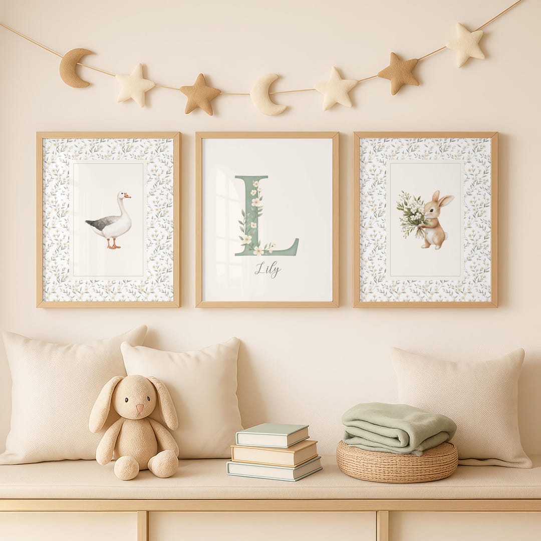 Floral Initial Nursery Wall Art Set of 3, Baby Name Print, Woodland ...