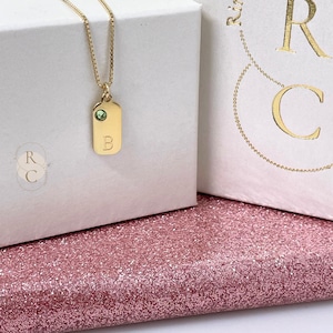 Gepersonaliseerde ketting met initialen en geboortesteen: gepersonaliseerde rechthoekige letterhanger
