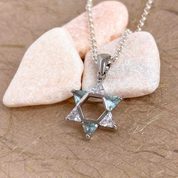 Collar con Estrella de David de plata de ley: colgante con piedra azul y blanca - cadena rolo de 3 mm