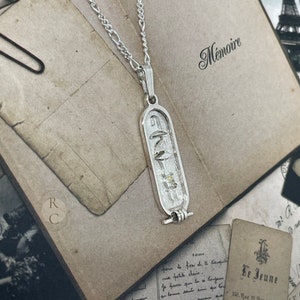 Collar de cartucho egipcio de oro macizo de 14 k sobre plata para hombre y mujer, colgante con símbolos jeroglíficos y cadena Figaro, cartucho personalizado.