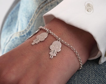 Personalized Sterling Silver Charm Bracelet: Engraved Kids Names, Mom Gift