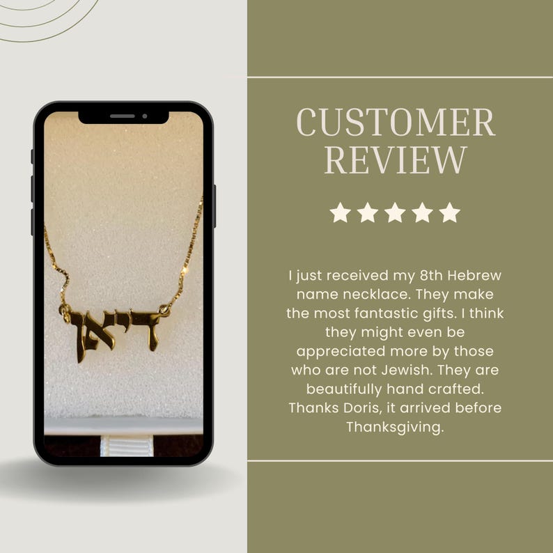 May include: A gold-colored necklace featuring a pendant with Hebrew script, displayed on a smartphone screen. The text on the right side reads: CUSTOMER REVIEW, five stars, and a testimonial about receiving an 8th Hebrew name necklace.