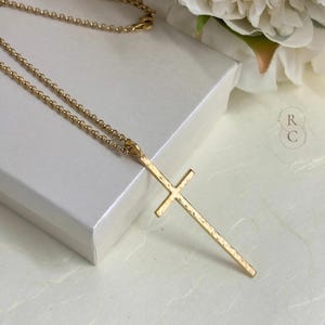 Long Hammered Cross Necklace for Women - Sterling Silver Modern Cross Pendant with Thick Rolo Chain - Gold Cross Jewelry